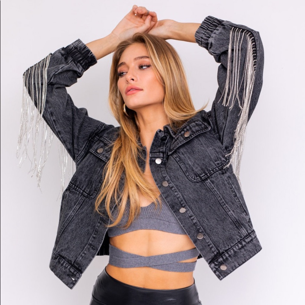 🚨LAST SMALL EVER🚨Last Call Rhinestone Fringe Denim Jacket - Picture 10 of 16